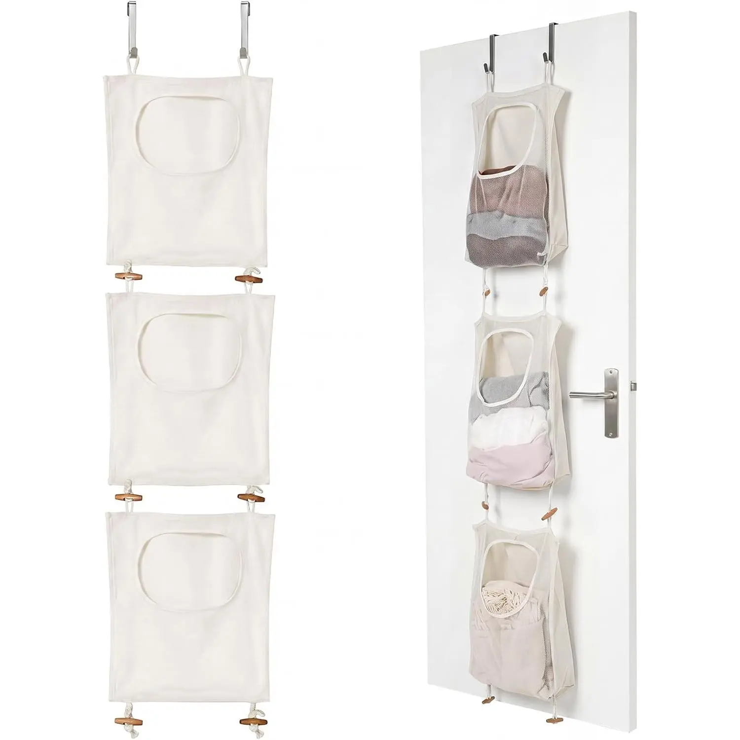 Tranqun 3 Pcs over the Door Hanging Laundry Hamper 65 x 19.7 Inches Mesh Laundry Hamper Bag Behind the Door Dirty Clothes Organizer with Hooks for Bathroom Camper Apartment College Dorm Room