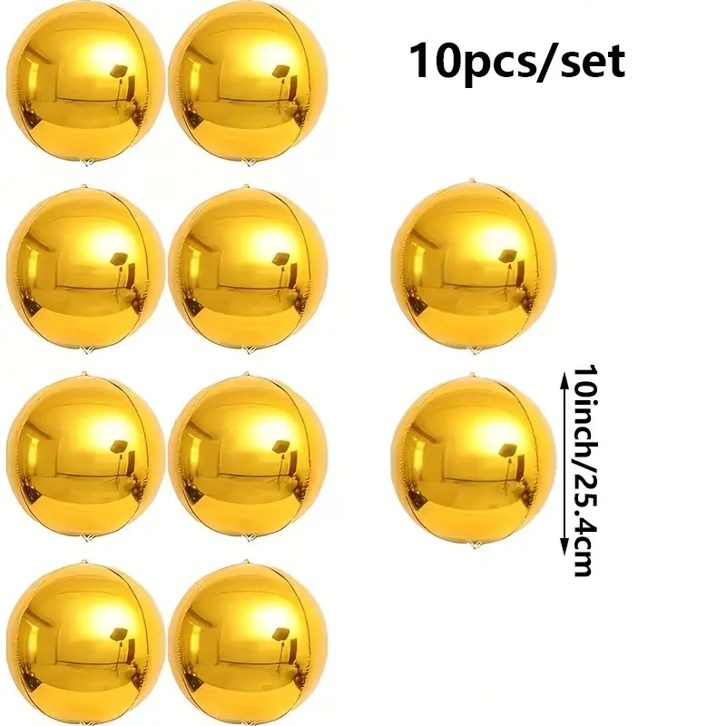 10-Pack Foil Balloons, 10-Inch 4D Round Aluminum Balloons, Small Golden Metal Ball Balloons, Party Balloons for Weddings, Graduations, New Year, Christmas, Birthdays