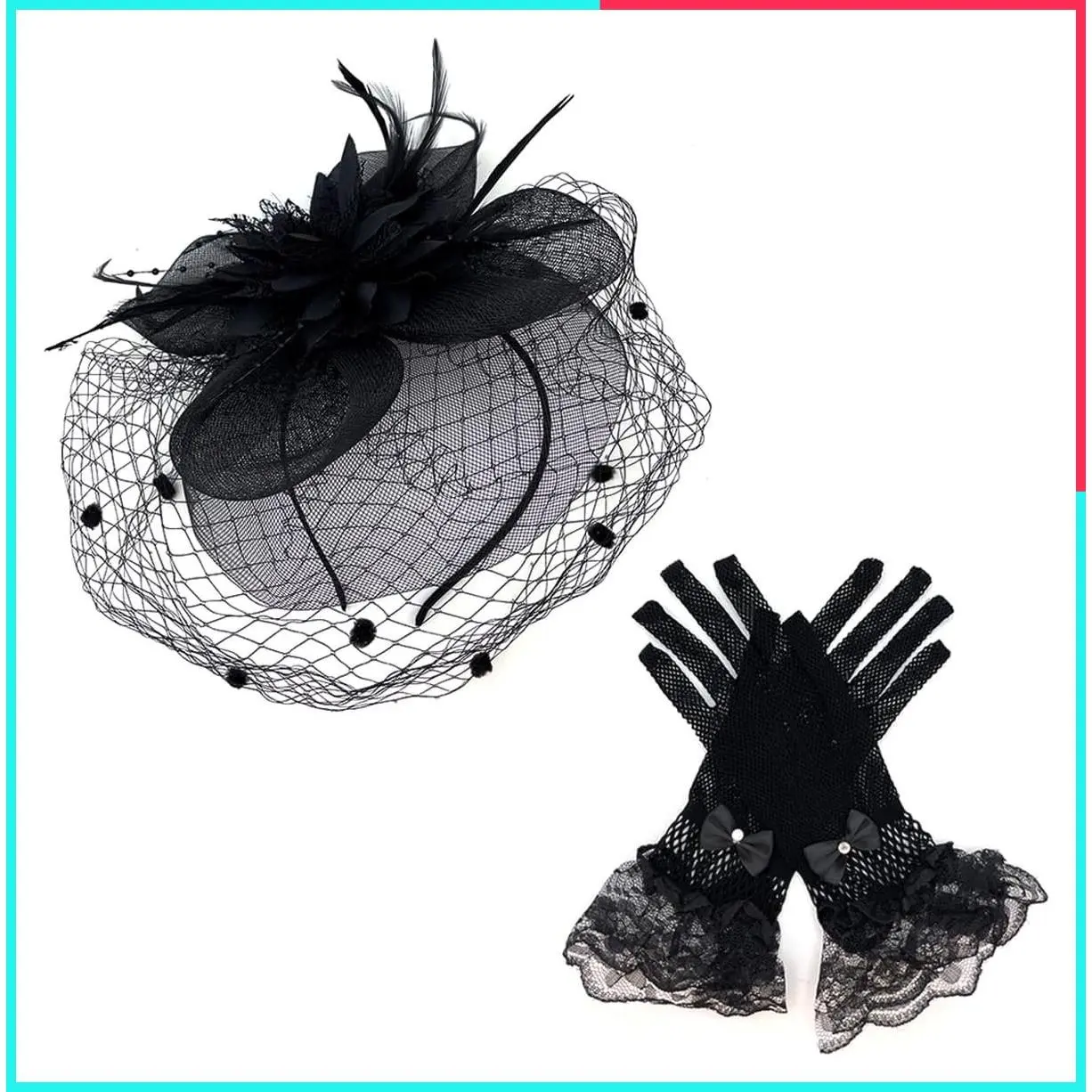 2-Piece Tea Party Fascinator Set: Floral Feather Headband with Veil & Lace Mesh Gloves, Black - Women's Wedding & Church Accessories