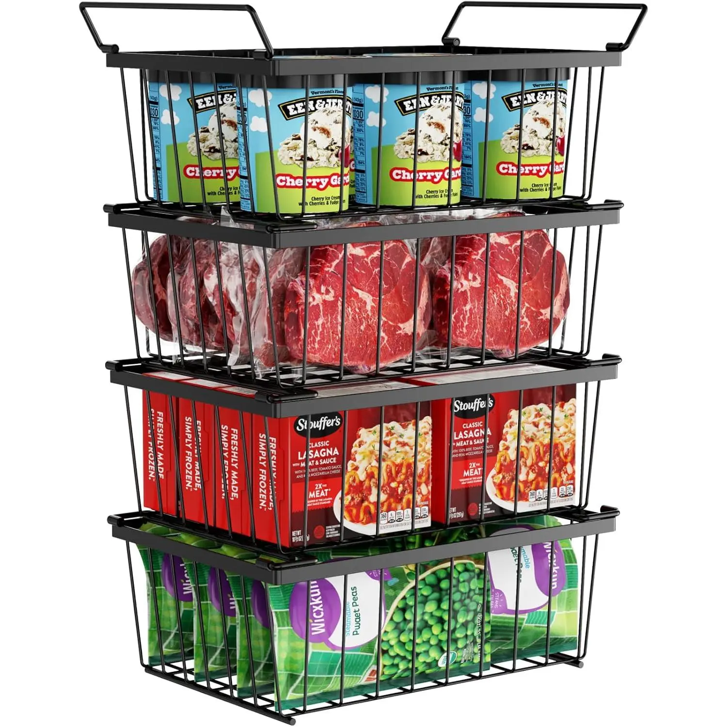 Freezer Organizer Bins - Baskets for 5 Cu.Ft, 4 Pack| Easy Food Access, Stackable Wire, Vertical for Frozen Food, Sorts Meat, Vegetables and Items, Home
