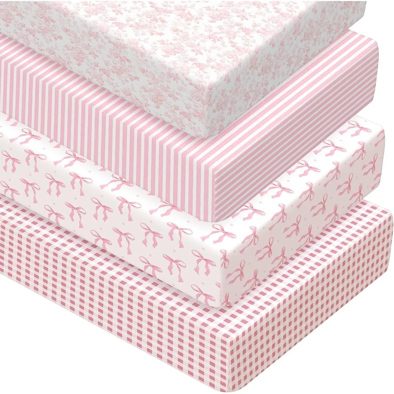 4 Pack Soft Baby Crib Sheets, Fits Standard 52'' x 28'' Crib Mattress, Breathable Baby Bed Sheet Set for Baby Boys and Girls, Pink Coquette Bow Crib Sheets for Nursery Decor