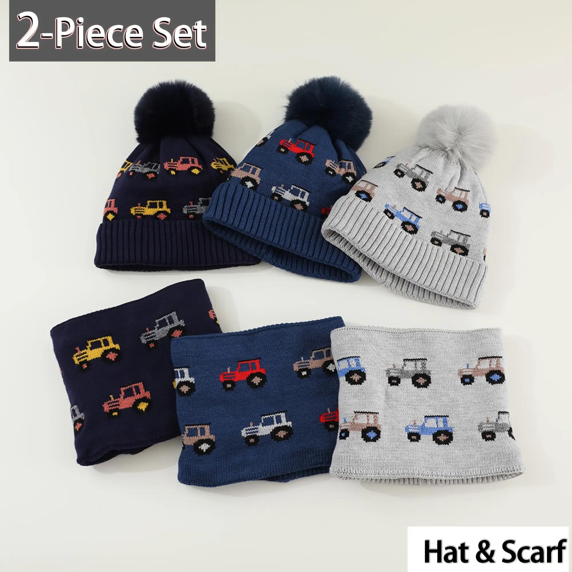 2pcs Boys' Winter Warm Hat & Scarf Set with Truck & Car Winter Adventure Print - Thick Knit Balaclava & Beanie, Elastic Fit for Outdoor Play, Christmas & Thanksgiving Outfits, Cozy Cold-Weather Clothing (Light Grey, Navy, Red, Blue, Black) - Hand Washable