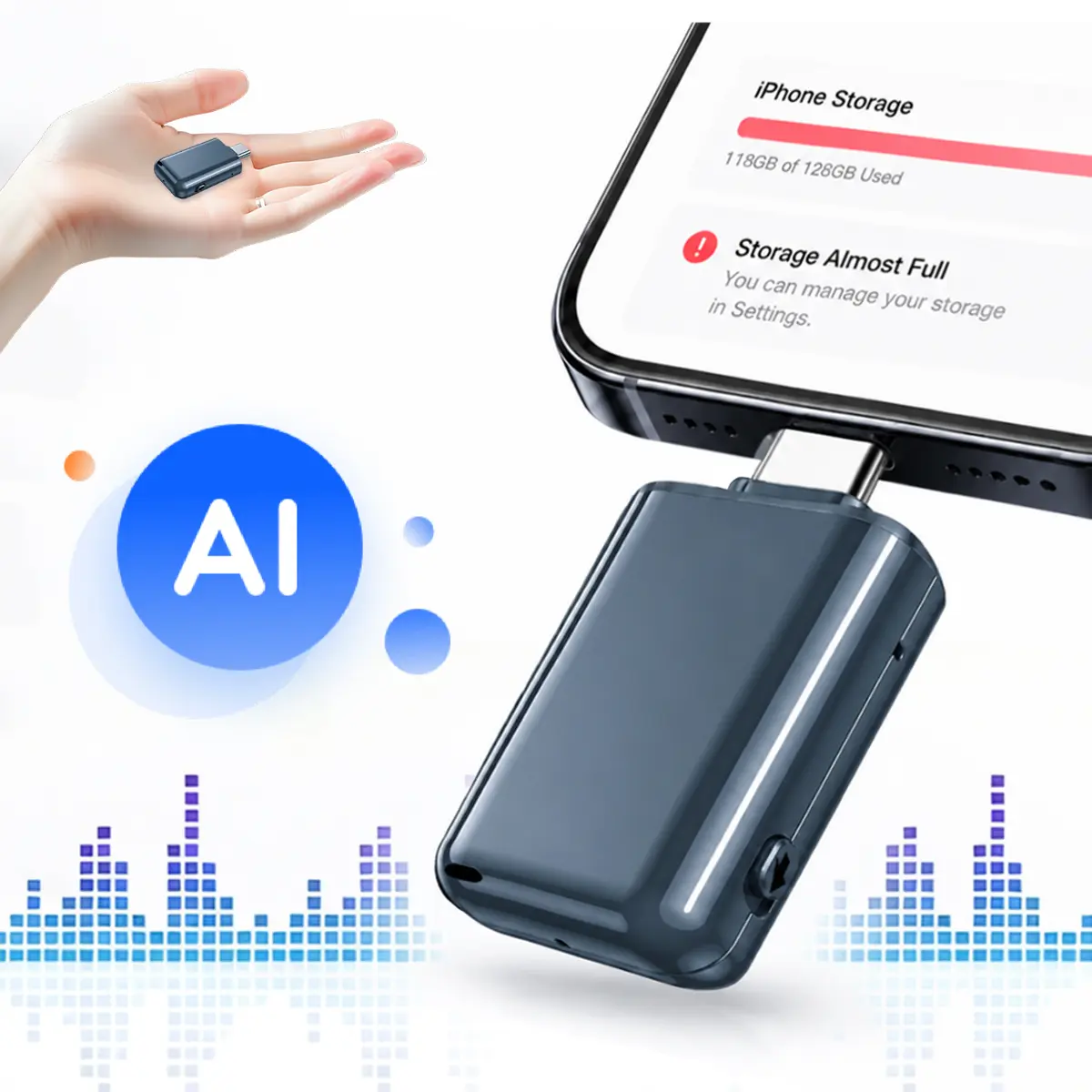 AI Voice Recorder & Translator, Mini Type-C USB Drive with 200+ Languages Translation, AI Transcription & Summary, 9H Long Recording, Multi-Device Compatible for Meetings, Interviews & Travel