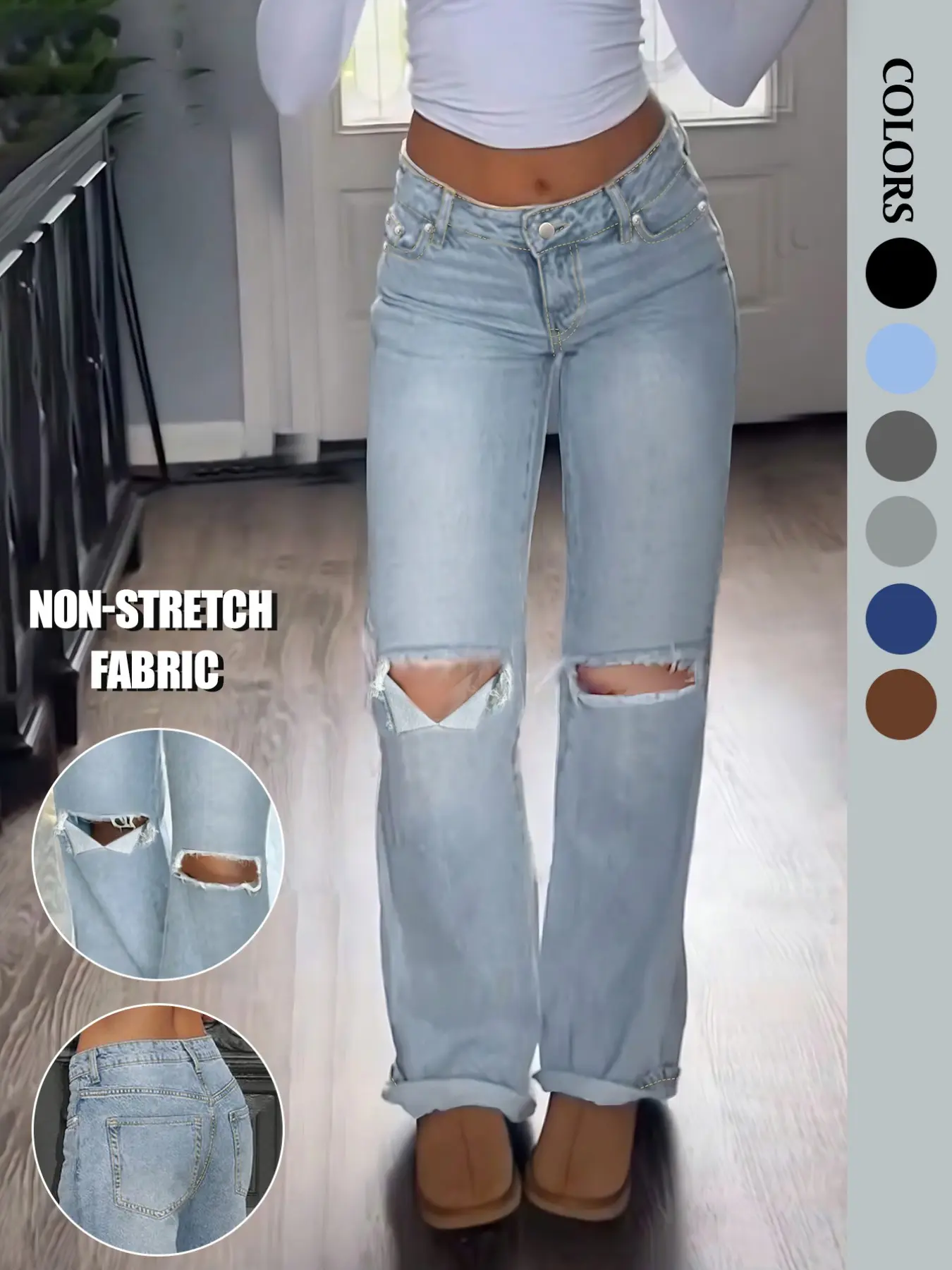 Women's NVFelix Mid-Waist Straight-Leg Ripped Jeans Bottom with Pockets, American Casual Everyday Style Office Streetwear