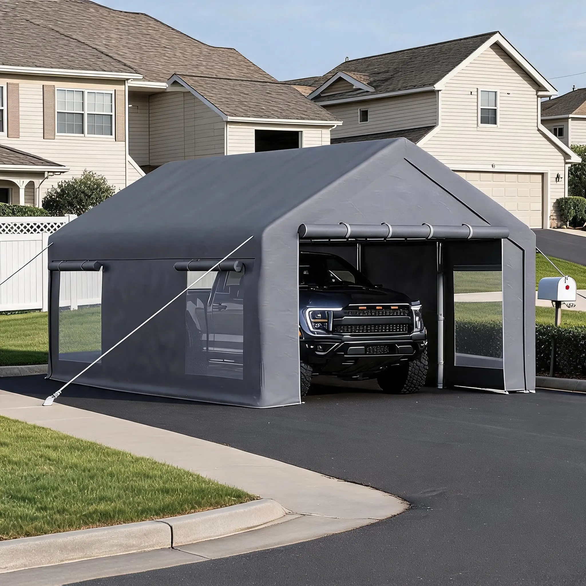 GARVEE 12x20 ft Portable Garage, Car Port with 200 g PE Tarp Cover, with Front & Rear Roll-Up Doors and 4 Windows, for Temporary Paint Booth, Boats&Pickups Shed, and Event Shelter, Gray