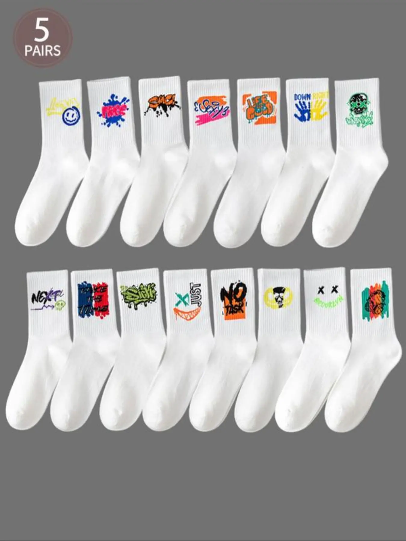 5 Pairs Crew Socks, Street Style Graffiti Print, Basketball Sports Socks, All Seasons, Breathable, Soft, Unisex