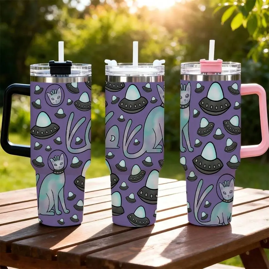 Cute UFO Sphynx Cat 40oz Tumbler, Purple Pattern Design Cup, 40oz Stainless Steel Tumbler With Handle, Travel Cup, Halloween Christmas Gift