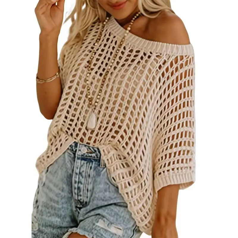 Women's Hollow-Out Knit Beach Cover-Up, Elegant Oversized Cotton-Linen Cardigan, Lightweight Off-Shoulder Summer Top, S-XXXL, Burgundy/Brown/Navy Blue, Natural Drape