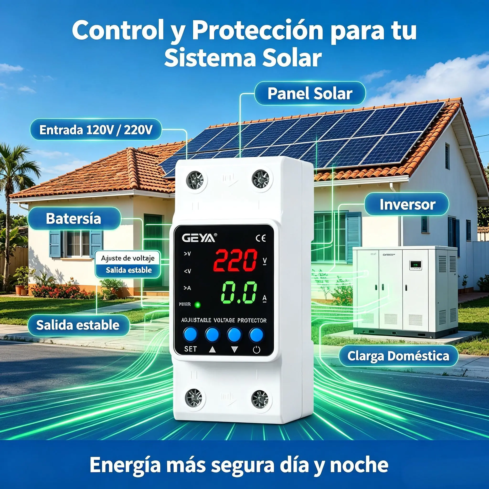 GEYA Din Rail Adjustable Over Voltage Under Voltage Protection Device 63A  110VAC 220VAC Digital Display Voltage Protector Suitable for Cuba: Solar Power System — Off-Grid Supply for Residential and Small-Scale Commercial Use