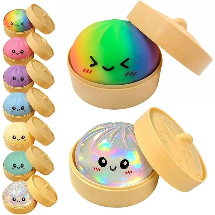 Glitter Jumbo Dumpling Squishies - Soft Squeeze Decompression Sensory Fidget Toy, Stress Relief Sculptures, Steamed Bun Design, Steamer Box Included, Desk Companion, Surprise Toy Party Gifts for Kids