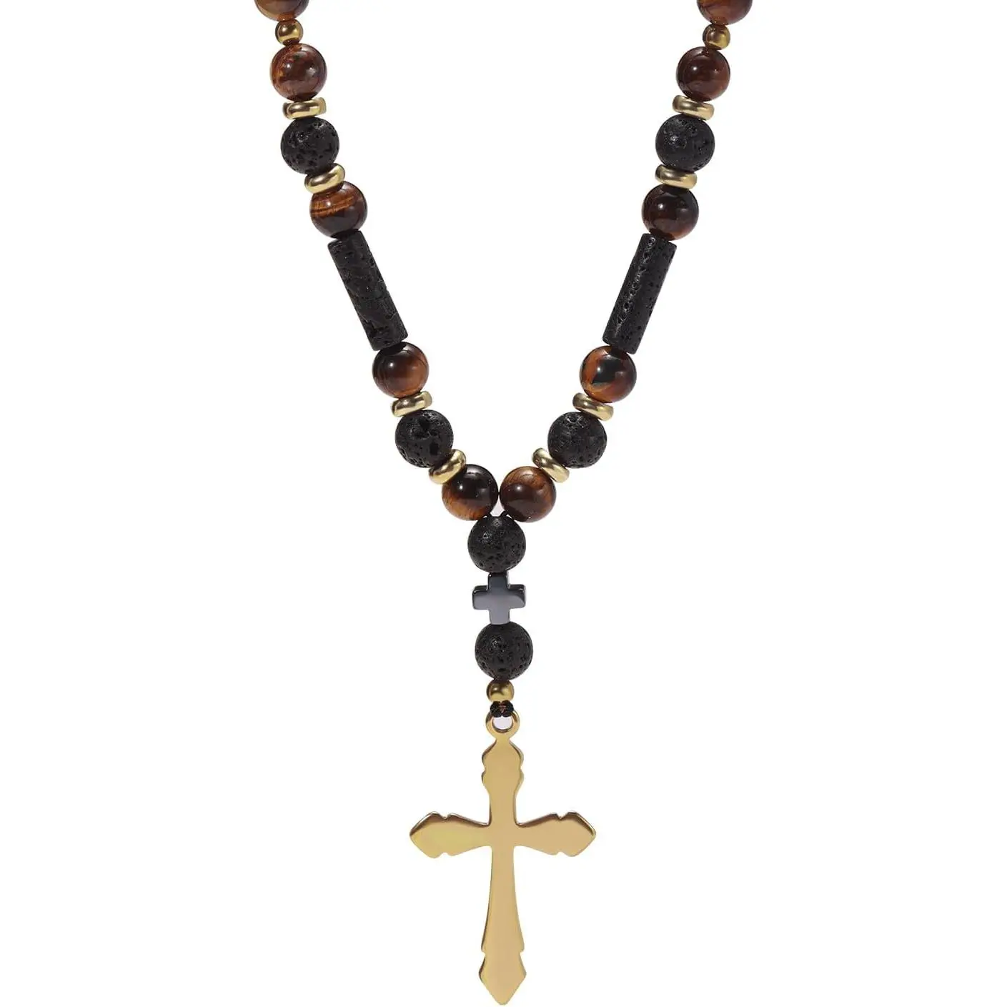 Cross Necklace for Men Tigers Eye Black Hematite Beaded Handmade Adjustable Healing Choker Necklaces Lava Stone Jewelry Box for Men Dad Son Husband