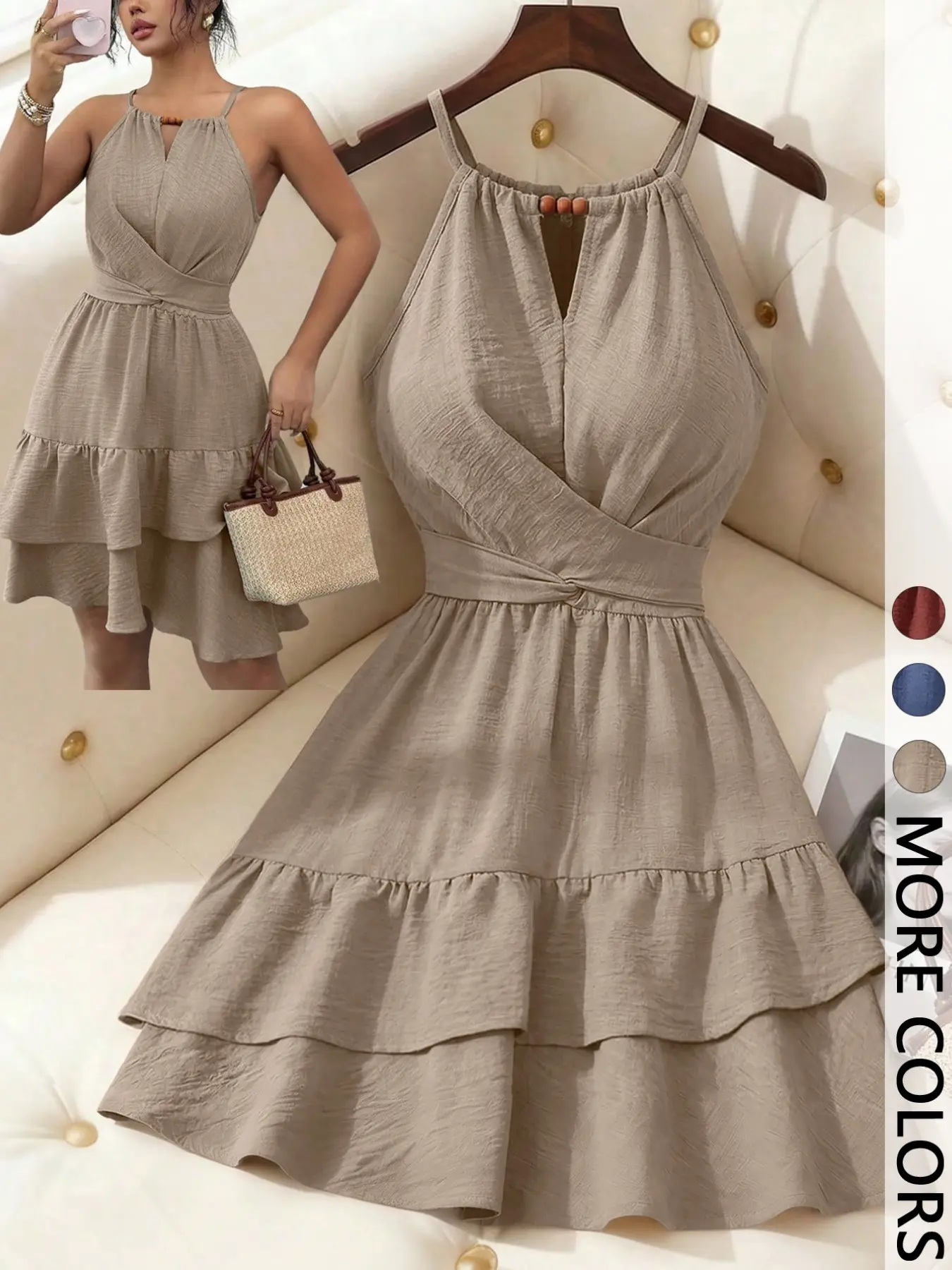 1-Piece Women's Halter Neck Sleeveless Mini Dress, Keyhole Front, Wrap Bust, Self-Tie Waist, Double-Tier Ruffle Dress, Loose Silhouette, Cute Casual Summer Sundress for Vacation, Beach & Daily Wear (No Pockets)