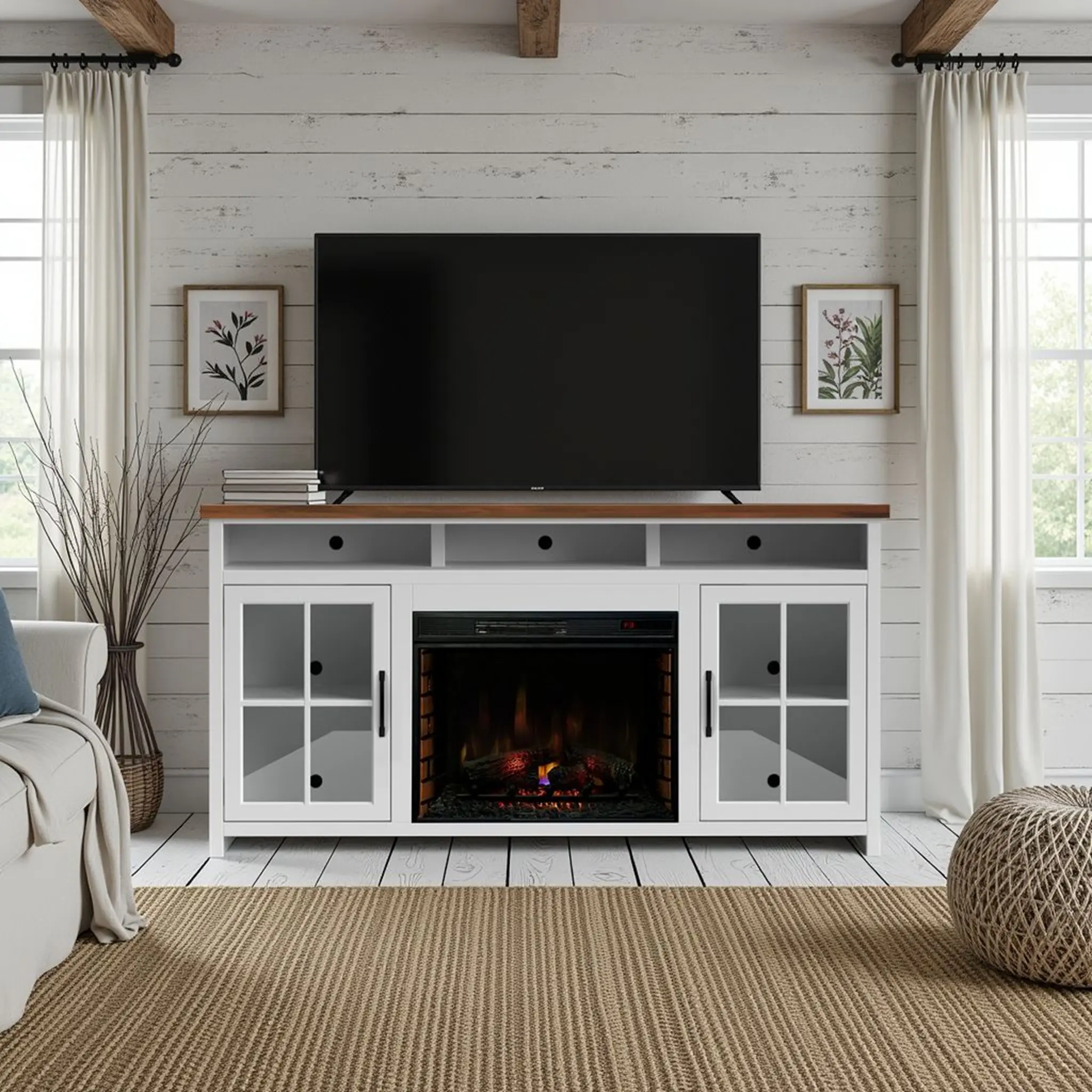Nokaa 74" Farmhouse Electric Fireplace TV Stand for TVs up to 85", White Wash & Bourbon Two-Tone Finish, Wood Media Console with Windowpane Glass Doors, Open Soundbar Shelf, Cable Management, Heats 400 sq ft, Remote Control, Living Room