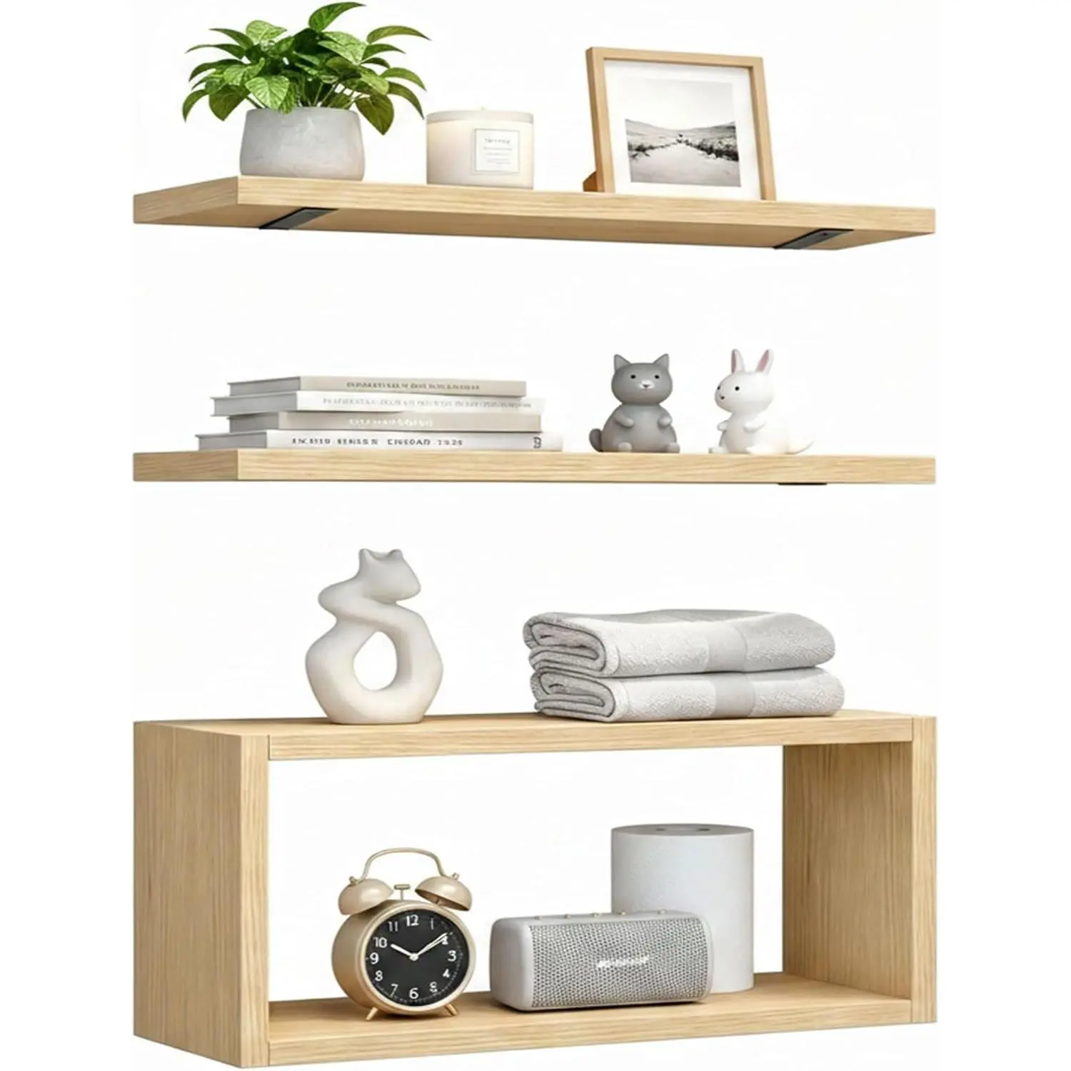 Floating Shelves 15.7 Inch 3 Pack Wall Mount Shelves Hidden Bracket |   Oak floating shelves: thick boards, hidden brackets, 40-lb load for living room, bedroom, bath & kitchen wall storage