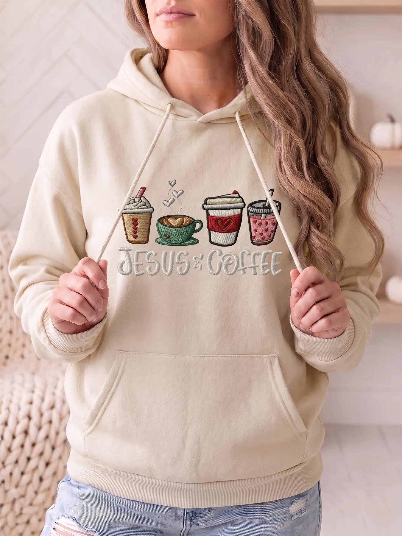 Women's fashionable hoodie with Jesus Coffee letter and pattern print on the front, with kangaroo pockets and long sleeves. Suitable for women's casual wear, outings and parties in autumn and winter.