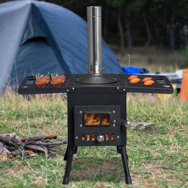 Portable Wood Burning Stove for Tent & Camping, Carbon Steel Folding Heater with 3 Chimney Pipes & Fire Blanket for Ice Fishing, Hunting & Cooking