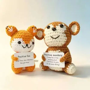 2pcs Handmade Knitted Fox Monkey Statues, Desktop Office Car Decor, Christmas Gift, Positive Card Info, Emotional Support