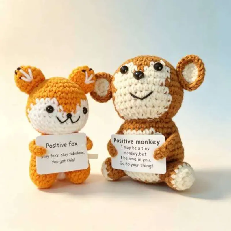 2pcs Handmade Knitted Fox Monkey Statues, Desktop Office Car Decor, Christmas Gift, Positive Card Info, Emotional Support