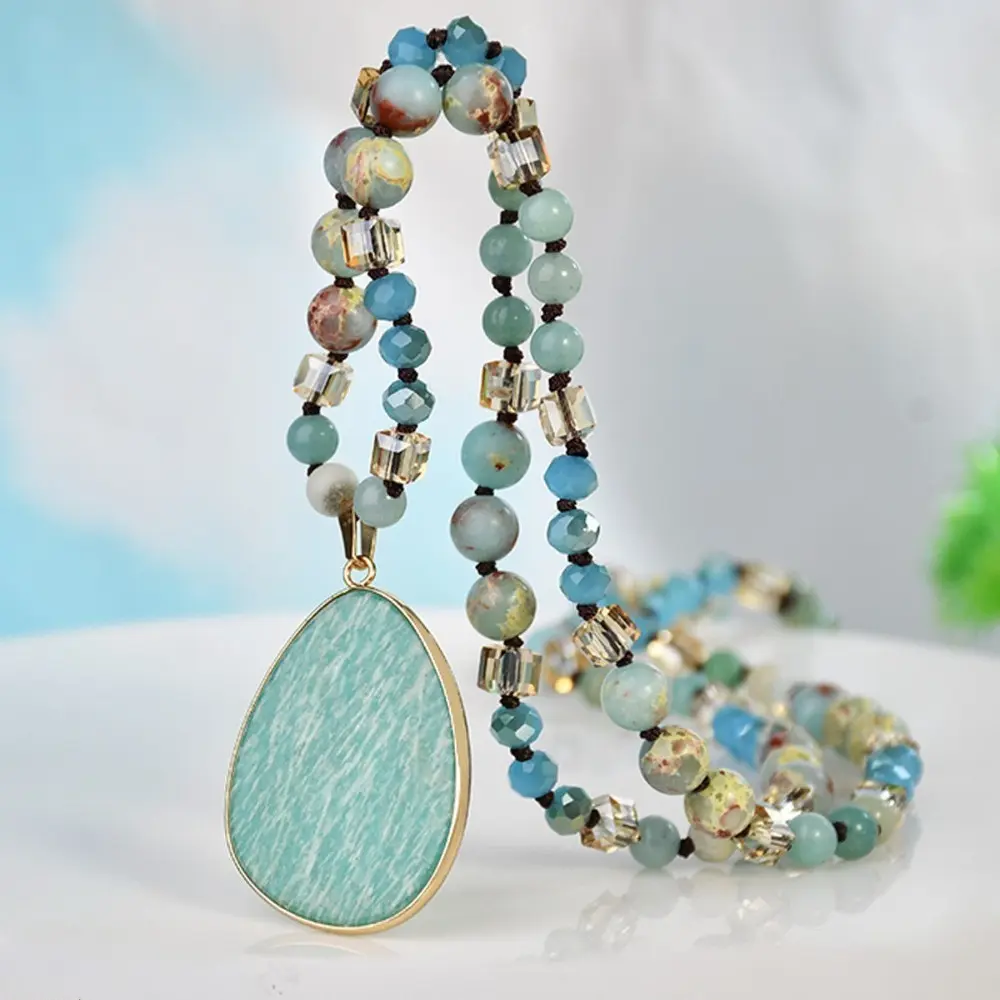Women's New Arrival Autumn Winter Hand-Knotted Waist-Length Sweater Necklace, Natural Imperial Stone Pendant with Amazonite Accent, Pendant Drop, Light Luxury Premium Texture Elegant Long Chain Charm, Perfect for Daily Wear & Sweater Coat Outfits Gift, Fe