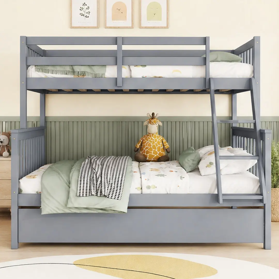 ARCH Twin+Full Solid Wood Bunk Bed with Trundle Add-On, Convertible Detachable Beds, Reversible Ladder, Guardrails, Grey Finish, Sturdy Slat Support, Contemporary Style, Space-Saving Kids Bedroom Furniture, 2-Box Set, Contemporary Home Decor