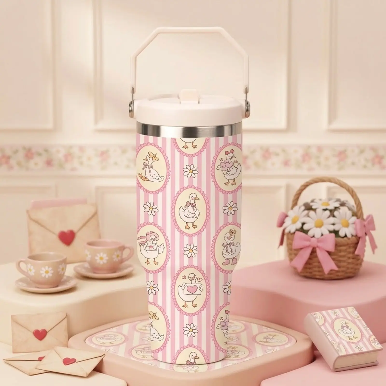 30oz Cute Duck Straw Tumbler with Handle, Coquette Aesthetic Pink Daisy Insulated Coffee Mug, Vintage Preppy Stainless Steel Water Bottle, Leakproof Christmas Stocking Stuffer Birthday Gift for Her, Fits Car Cupholder, Coffee Thermal Cup