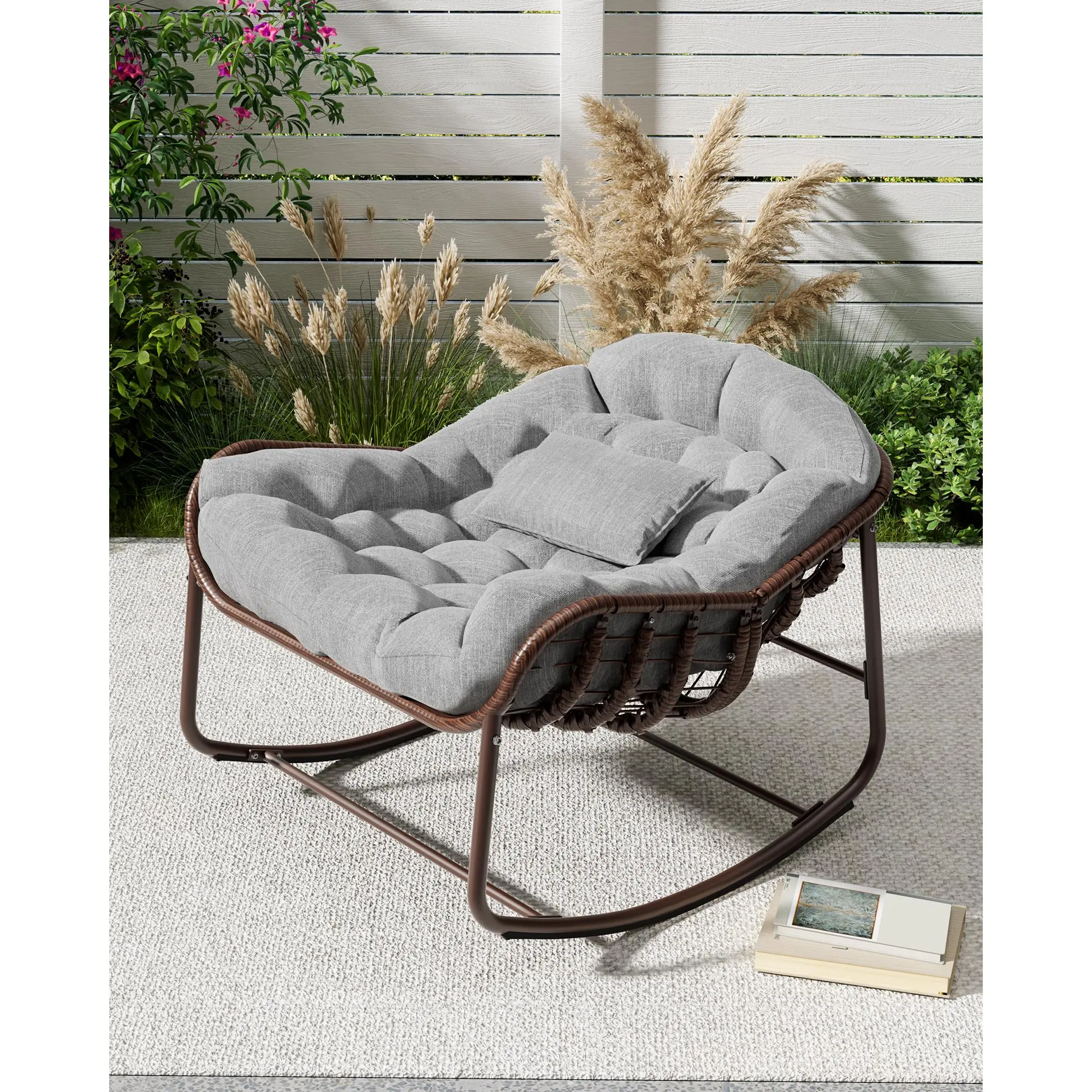 Oversized Weatherproof Rattan Weave Egg Shaped Chair - Modern Woven Single Seat Outdoor Rocking Chair with Beige Cushion, Iron Frame for Patio, Porch, Bedroom