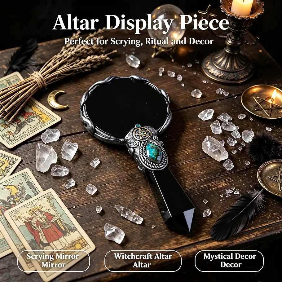 Bohemian Obsidian Point Witch Scrying Mirror, Portable Round Obsidian Divination Plate, Crystal Gazing Mirror for Meditation, Crystal Decor, Halloween Gift