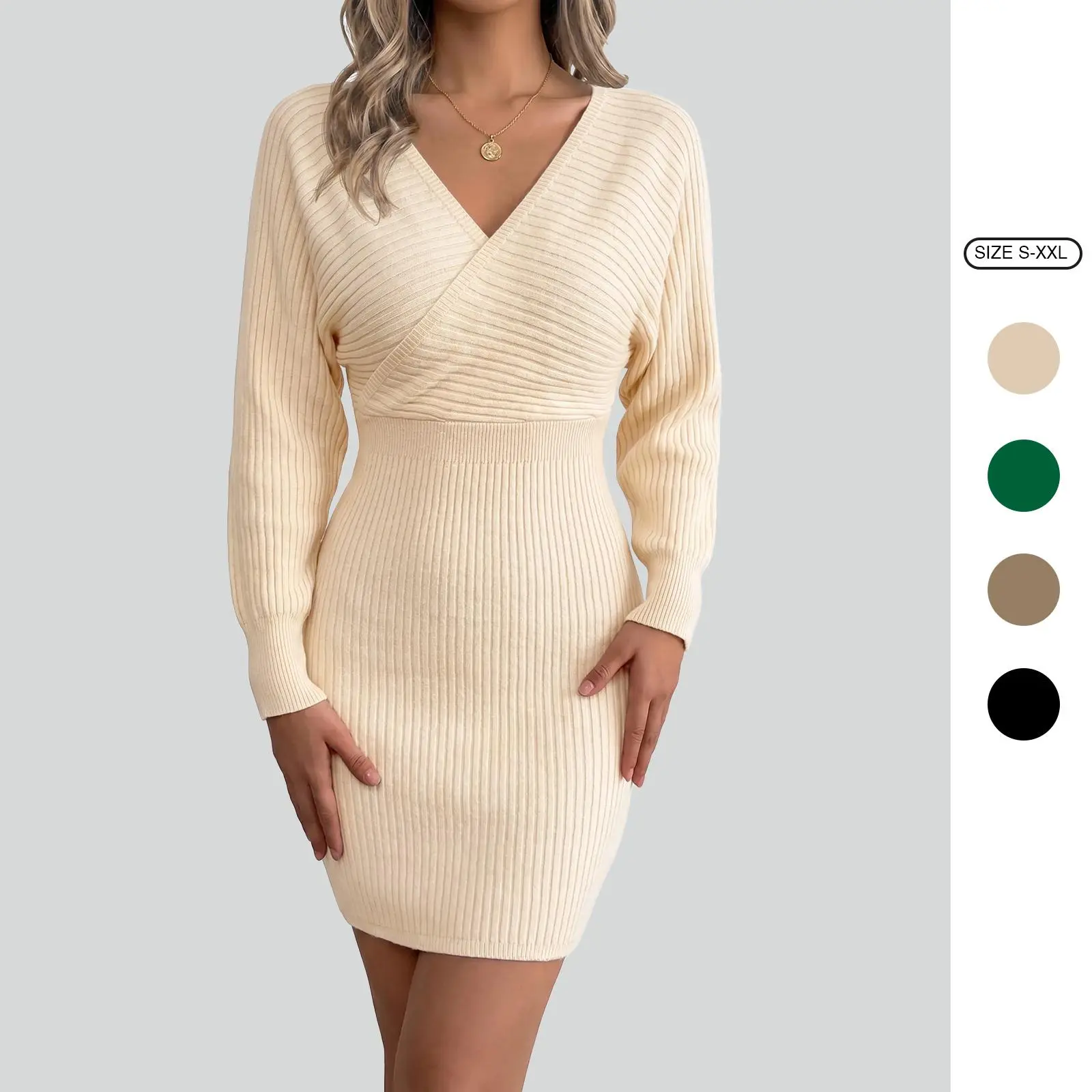 Imily Bela Women's Wrap V Neck Long Sleeve Ribbed Knit Mini Dress, Elastic High Waist Bodycon Sweater Dress Casual Fall Winter Party Club Outfit