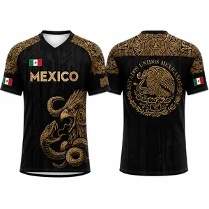 2026 Mexican-Inspired Black Gold V-Neck Graphic Shirt, Eagle Snake Short Sleeve Sports Top, Aztec Pattern Cultural Fan Shirt for Men