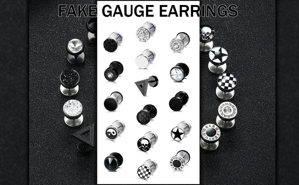 FIBO STEEL 9/16 Pairs Stainless Steel Stud Earrings for Men Women Fake Gauge Earrings Cheater Faux Gauges Ear Tunnel 8mm 18G 6.5mm Durable Comfortable SpringStatements