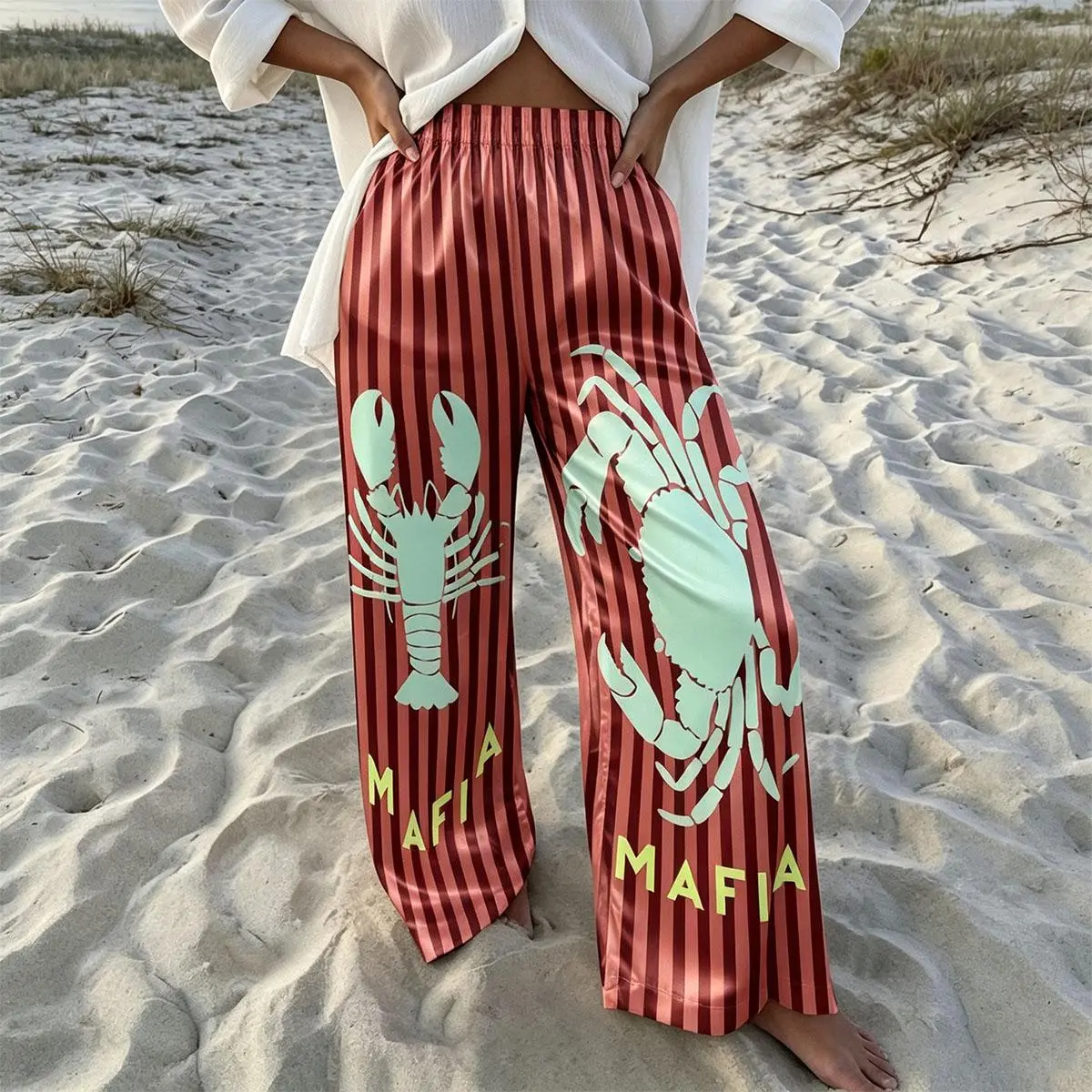 New Trousers! Satin Wide-Leg Pants with Burgundy Stripes and "Crab & Lobster Gang" Print.Casual/Fun/Vacation Wide-Leg Pants