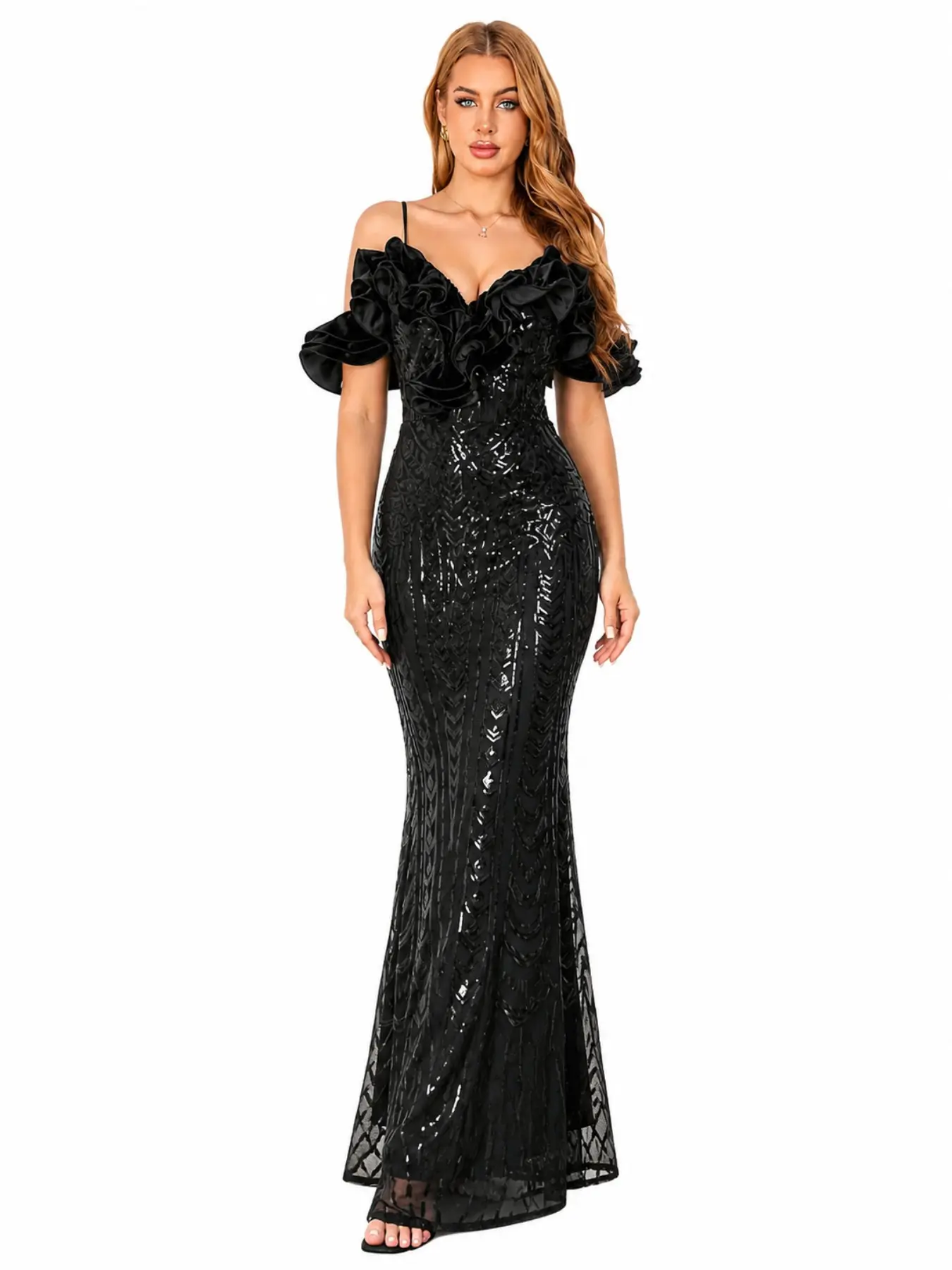 Tummy Control Hourglass Figure Anti-Rub Fully Lined Black Geometric Sequin Off Shoulder Ruffle Velvet Mermaid Maxi Dress Adjustable Lace-Up Back Stretch Formal Evening Gown For Wedding Party Birthday Prom Night Club Women