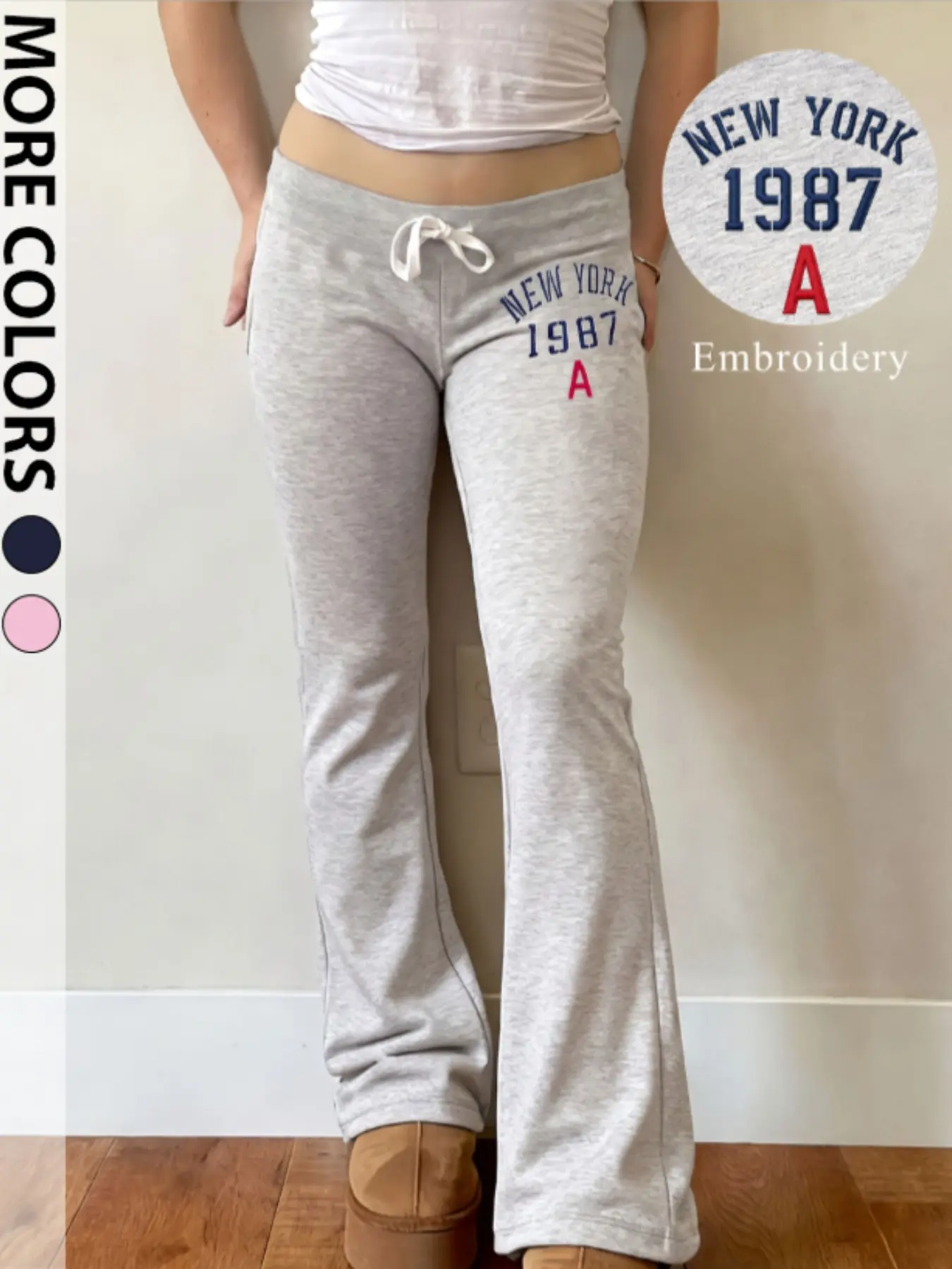 Women's New York 1987 Letter Embroidery Low Waist Drawstring Flare Sweatpants, Y2K Casual Clothes Women, Soft Stretchy Bootcut Trousers, Fashion Bottoms for Streetwear, Daily & Campus Outfit, 2026 Trendy Vintage Flare Pants