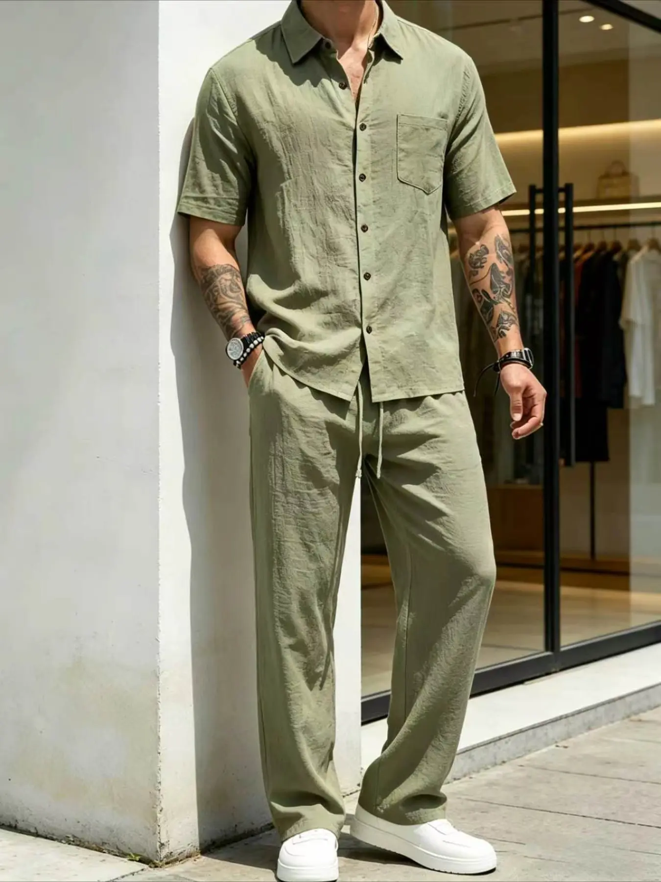 Men's Short Sleeve Long Pants 2-Piece Set, Summer Clothes Lightweight Breathable Thin Linen Solid Collared Shirt with button pocket and Wide-leg Pants Trouser, Beach Vacation Casual Daily Wear for men