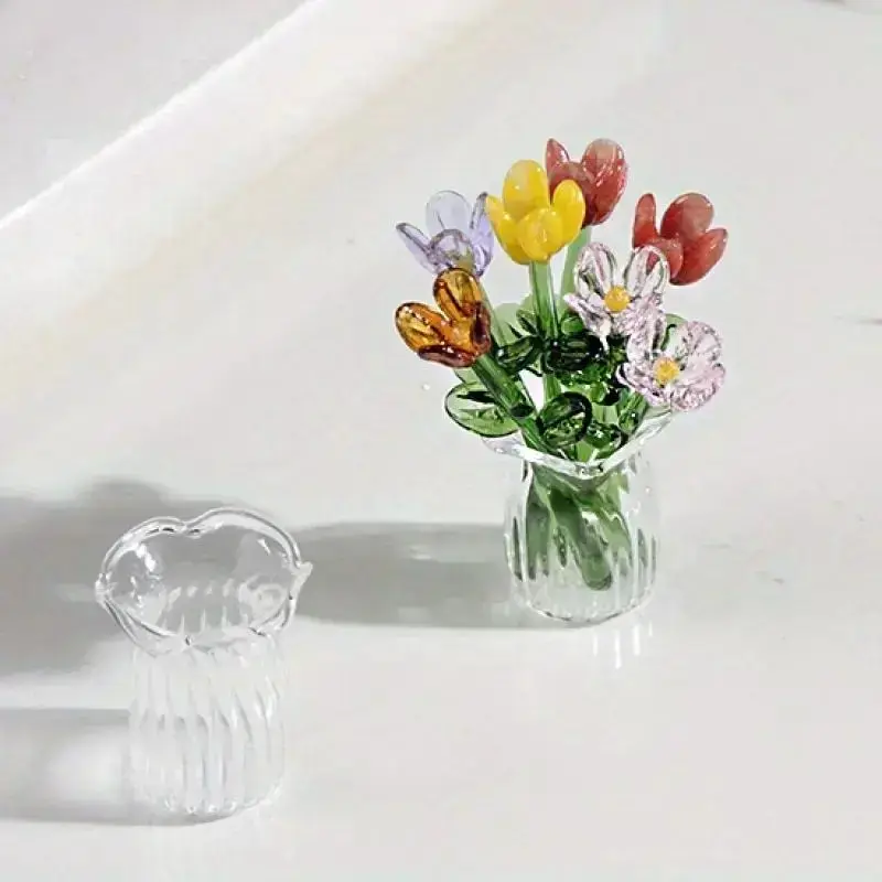1 Set Mini Handmade Glass Artificial Flowers with Vase, 8 Mixed Simulation Floral Ornaments, Elegant Faux Glass Flower Bouquet, Creative DIY Arrangement Decor, Stylish Home Table Accent Ideal for Room Decor, Party Events and Holiday Gift Giving