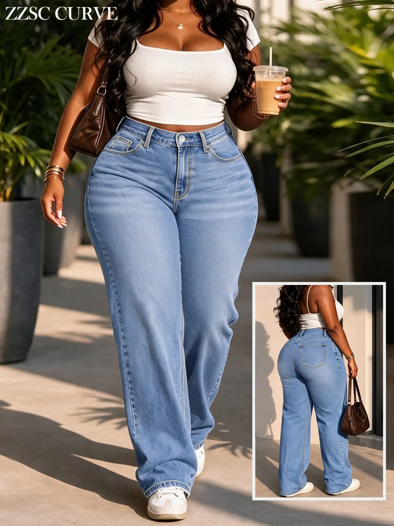 Plus Size Light Blue High-Waisted Slim Straight Leg Jeans for Women, Elastic Stretch Fitted Long Pants, Pear Shape Conceal Hip Slimming Denim
