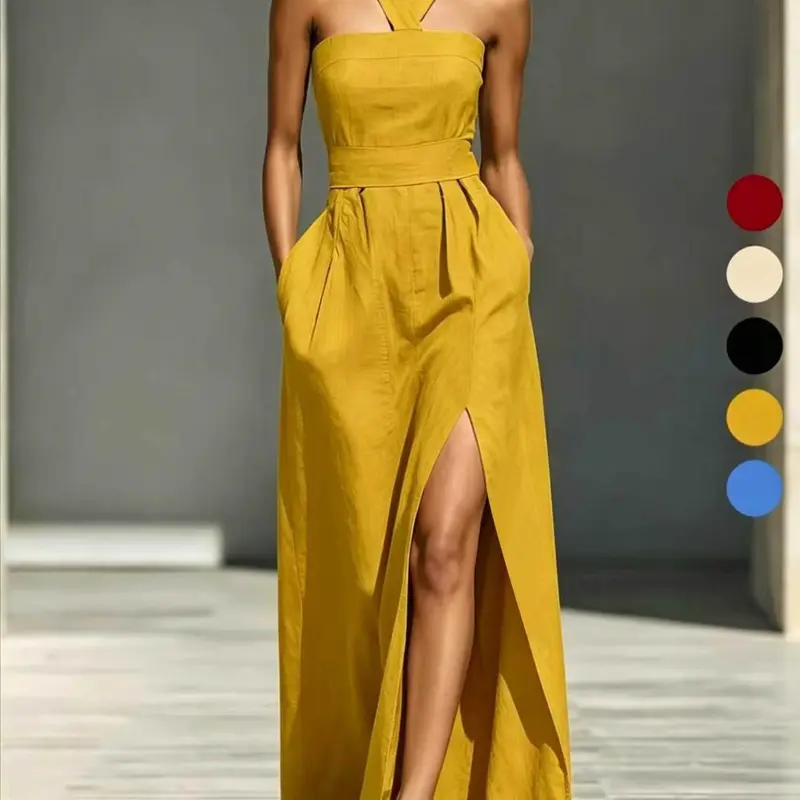 French Halter Neck Waist Cinch's Dress, Elegant Split Long Vacation Women Dress, Stylish Summer Evening Wear, Perfect for Special Occasions
