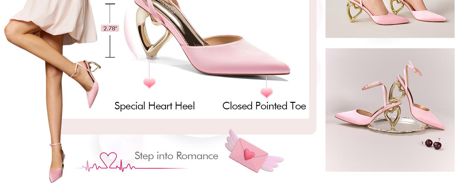 Coutgo Womens Kitten Heels Closed Pointed Toe Heart Heel Ankle Strap Satin Pumps Wedding Prom Dress Valentine Shoes