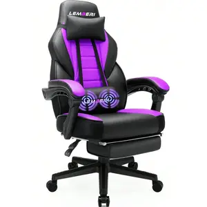Gaming Chair With Massage, Ergonomic Heavy Duty Design, Gamer Chair With Footrest And Lumbar Support, High Back Office Chair, Big And Tall Gaming Computer Chair, Purple