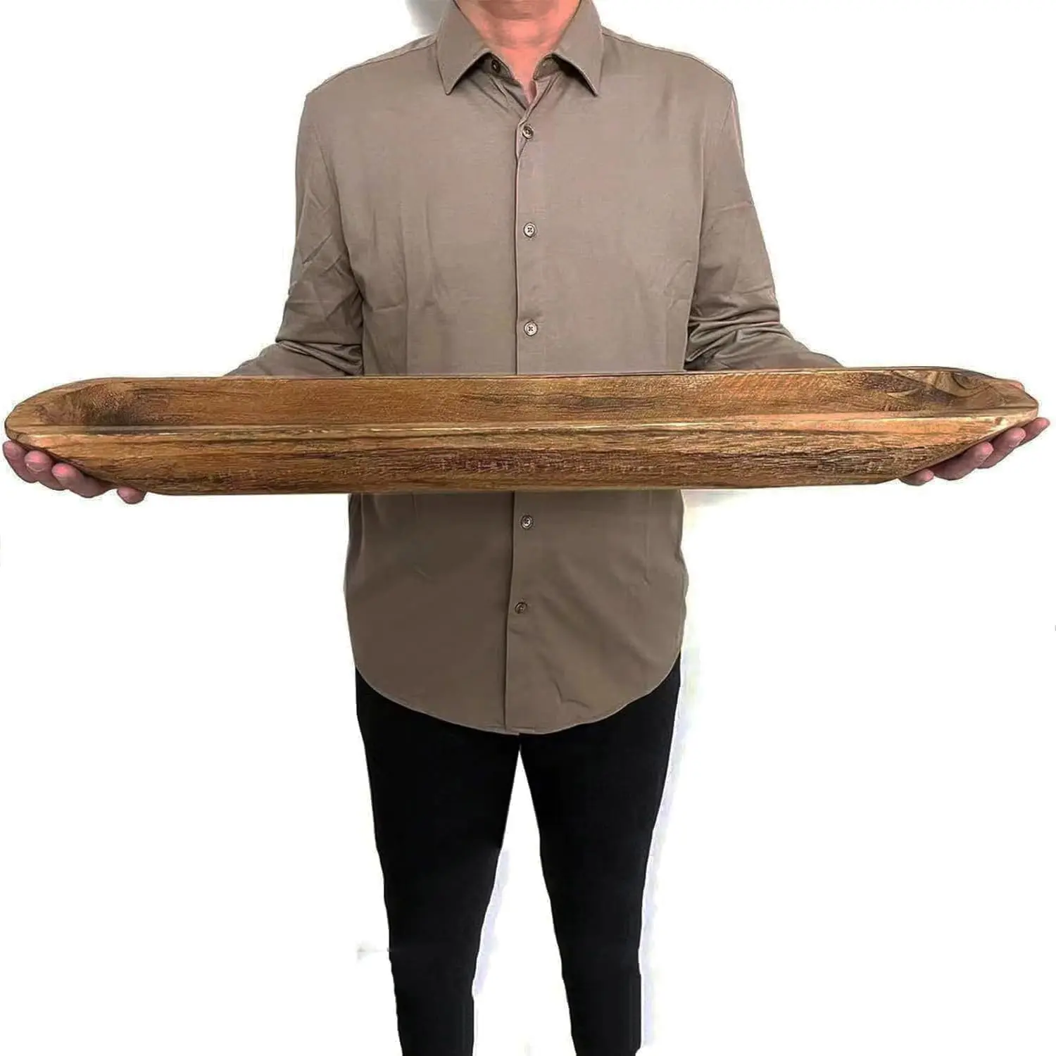 30-Inch Brown Vintage Hand-Carved Paulownia Wood Dough Bowl - Home Supplies for Noodle Serving, Dining Table Center Decor & Storage, Tableware