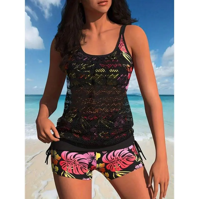 2026 New Black Lace Tankini, Tropical Floral Print Drawstring Shorts Two-Piece Swimsuit