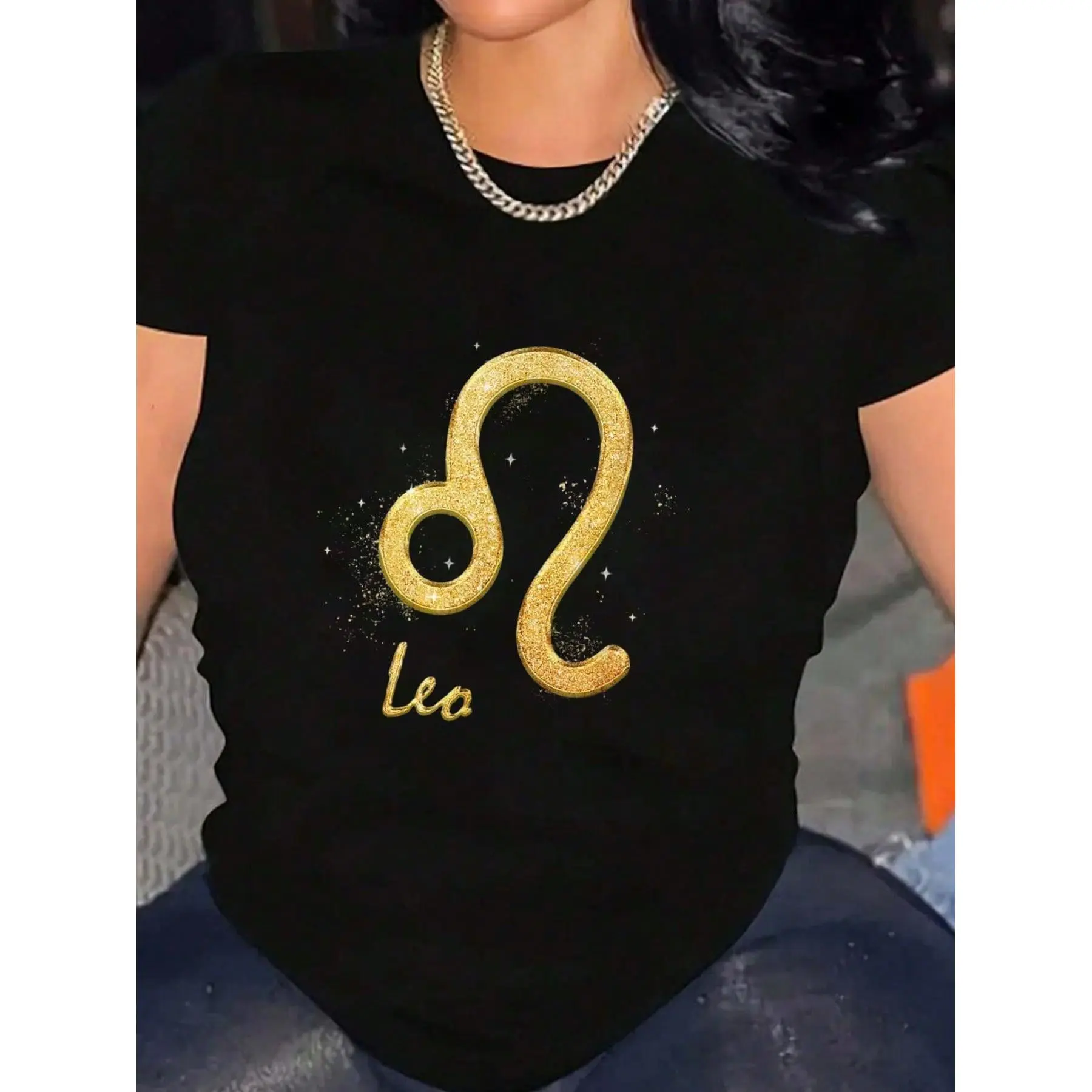 Leo Zodiac Graphic T-shirt, Unisex Casual Round Neck Tee in 100% Soft Knitted Cotton, Relaxed Fit Summer Top, Birthday Gift, Shortsleeve, Tshirt, Piece, Regular, Fabric, Zodiac Print, Soft Cotton, All Over Print
