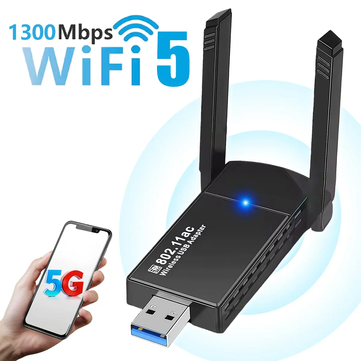 1300Mbps USB WiFi Adapter for PC Desktop Laptop of Windows 11/10/7, Wireless Dongle Adapter Dual Band 2.4GHz 300Mbps + 5GHz 867Mbps, High Gain Antennas, USB 3.0 Cradle
