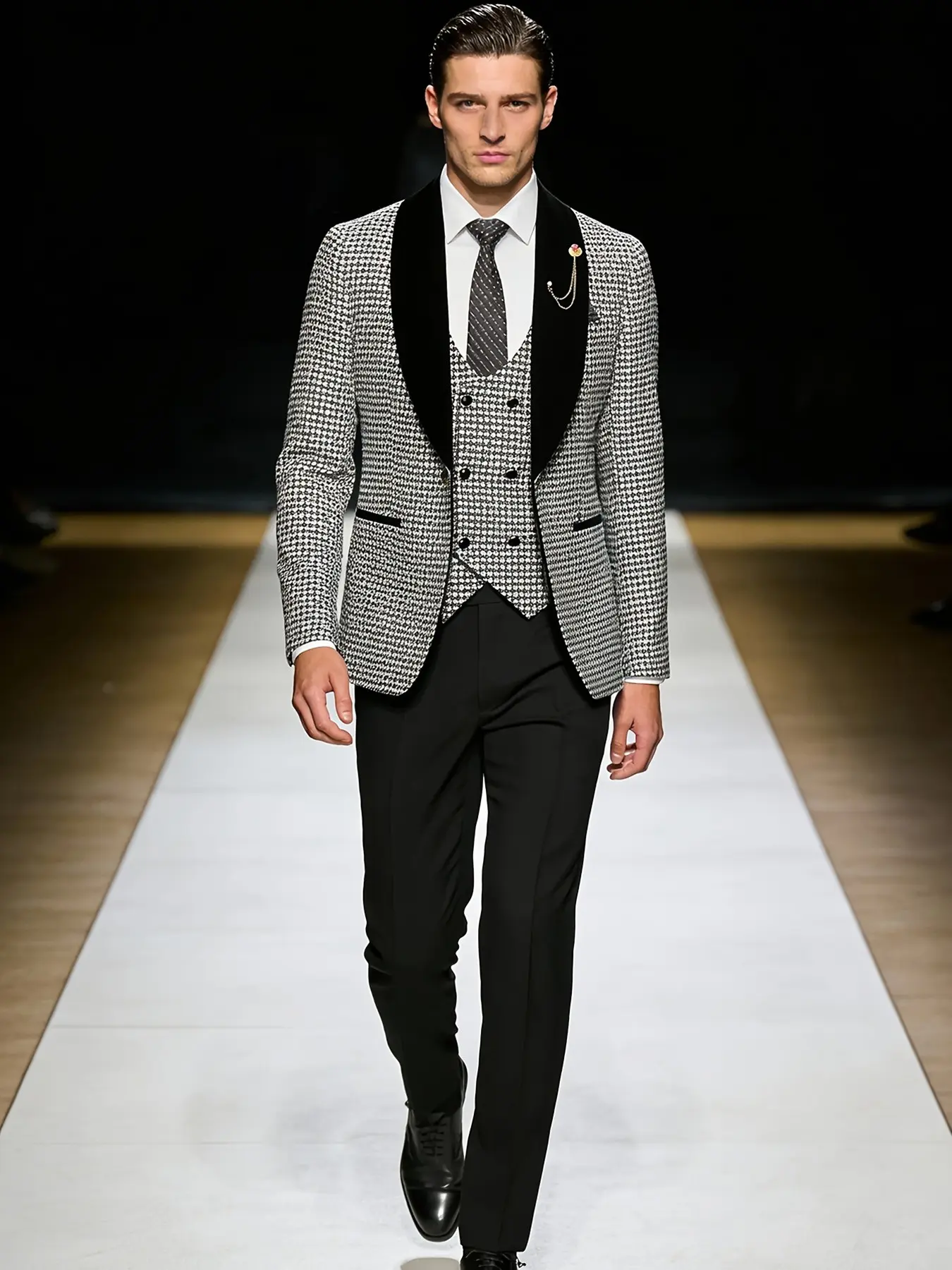 Men's Houndstooth Blazer Set, 3-Piece (coat, Vest, Pants), Slim-Fit Long Sleeve, Formal Party Wear, All Seasons, No Tie Included