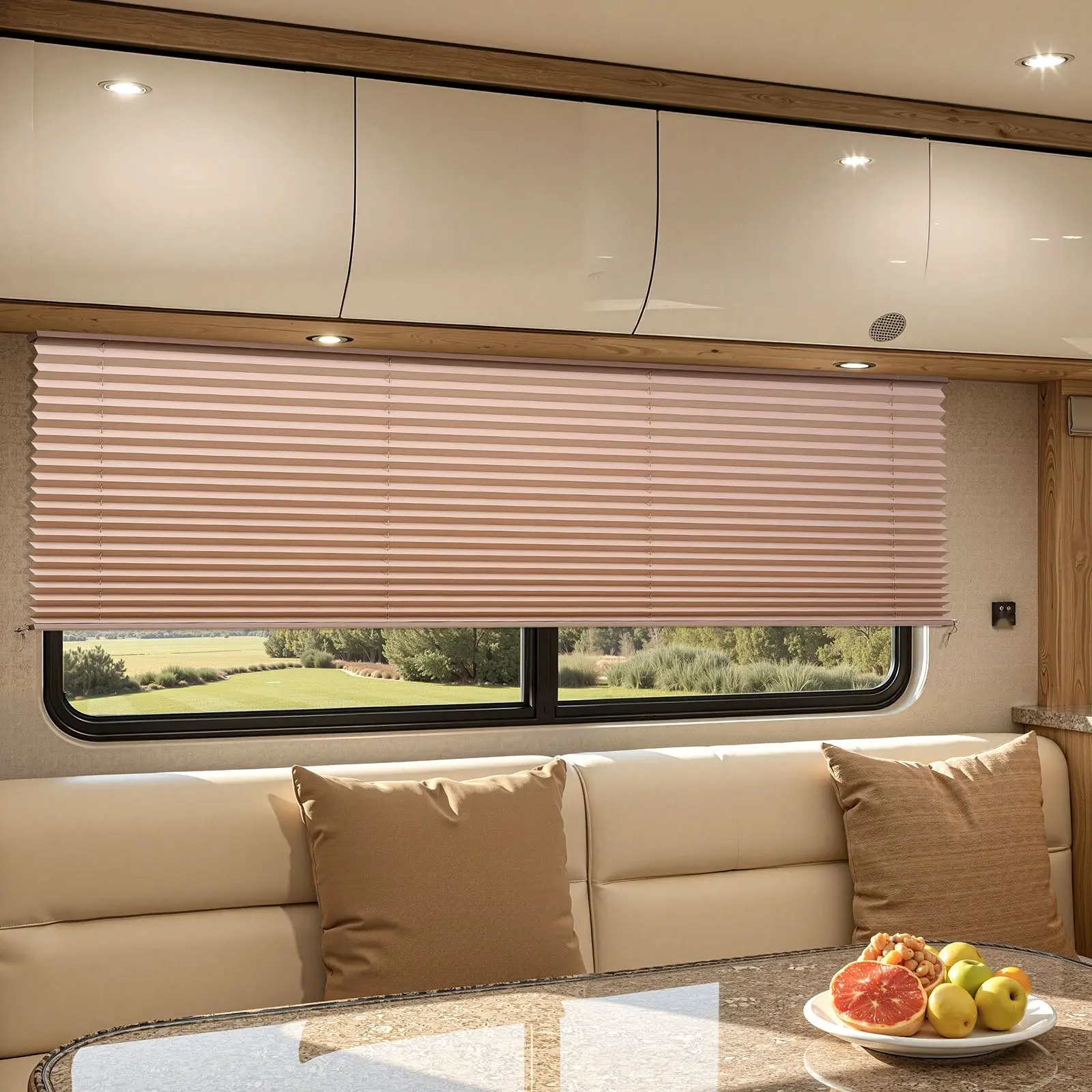 RV Blinds 62-Inch By 32-Inch Pleated Shades For Camper Travel Trailer And Motorhome Windows, Polyester Fabric, Easy To Clean, Easy To Install, Privacy Protection, Sunlight Blocking, Durable Cappuccino