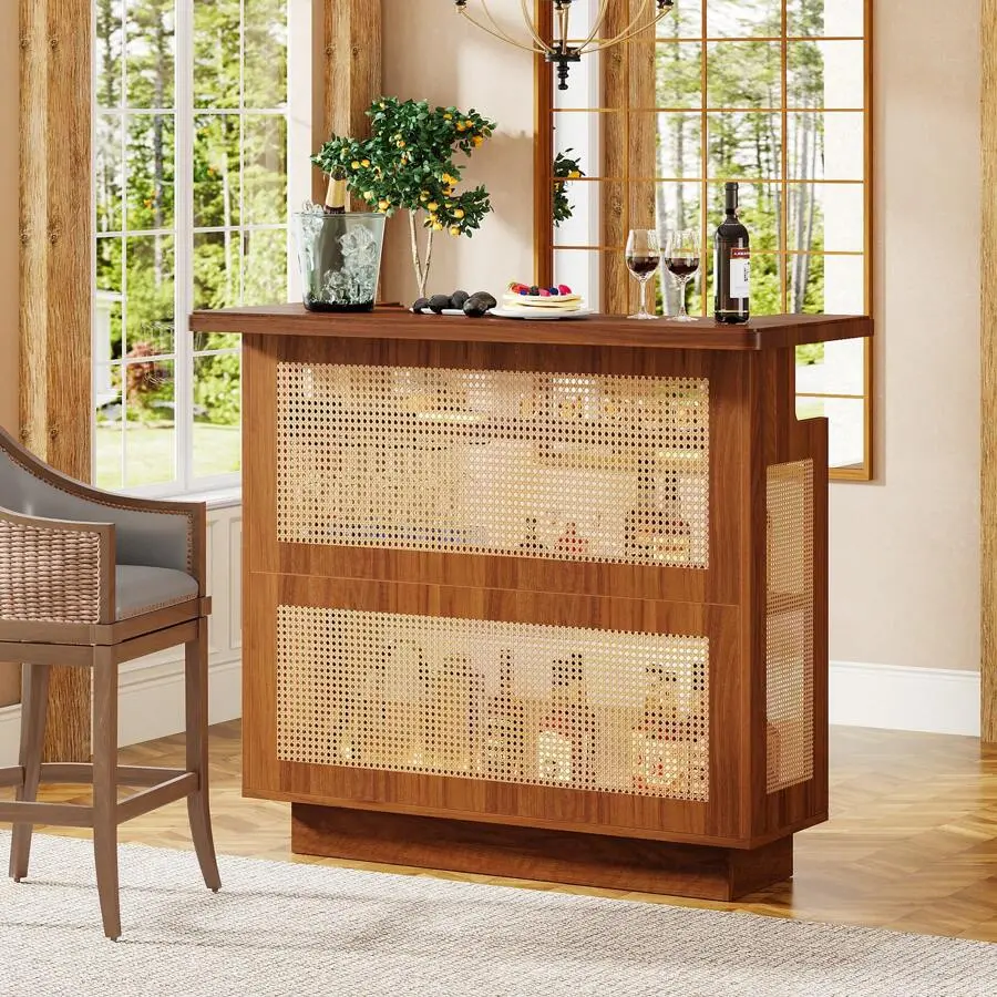 Rattan Home Bar Unit - Farmhouse 4-Tier Bar Table With Stemware Racks And Heightened Base, Classic Mini Bar Table Home Pub