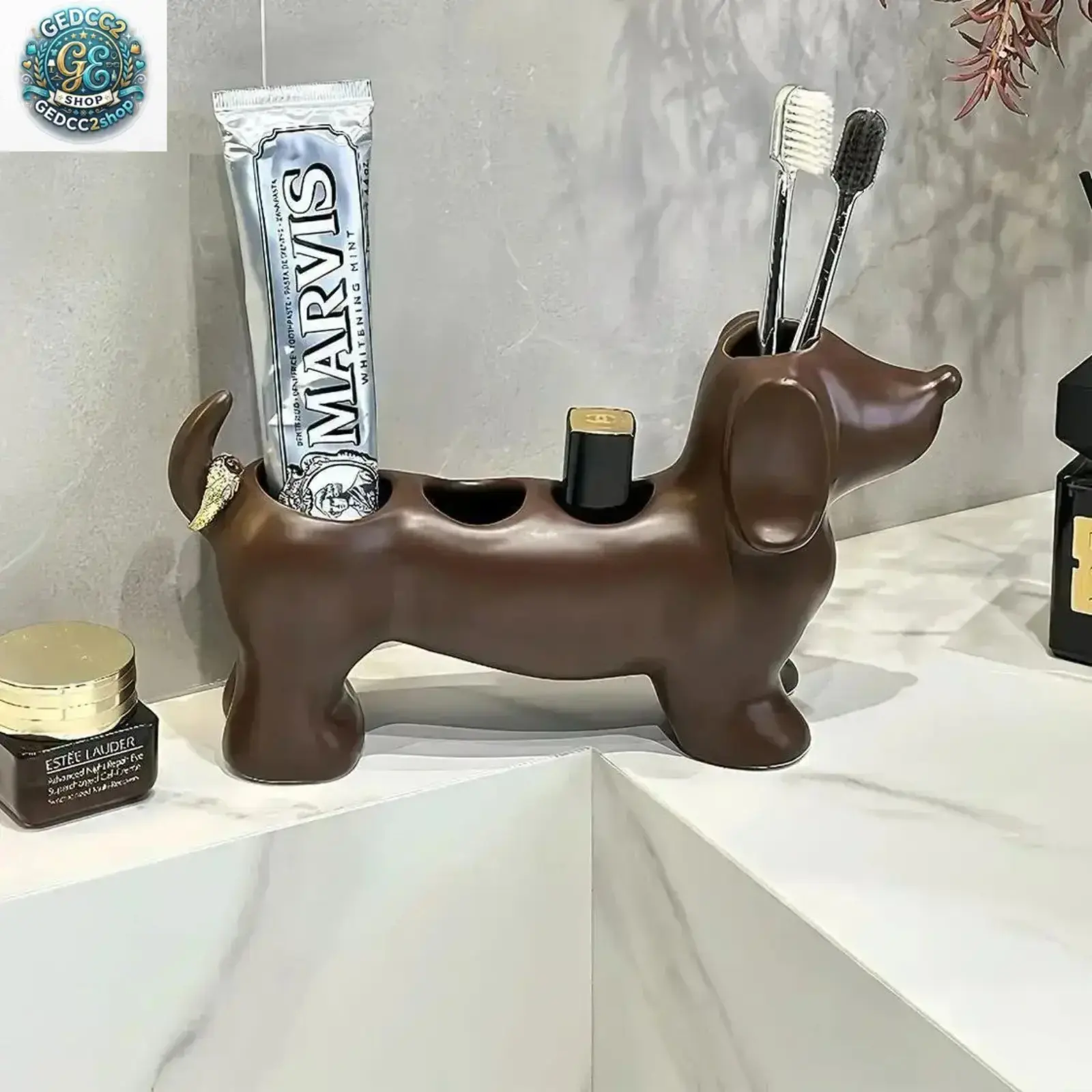 Cute Dachshund Dog Toothbrush Holder, 3D Printed Bathroom Organizer Stand for Toothbrushes & Toothpaste, Fun Countertop Storage Accessory