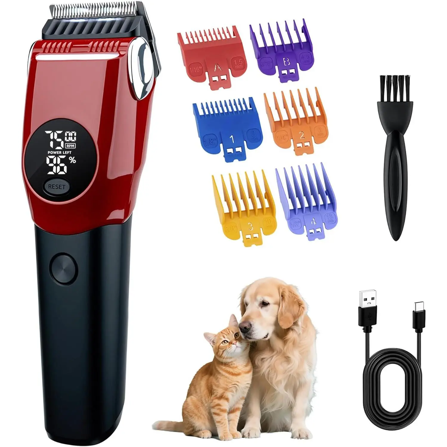 Dog Clippers Grooming Kit - Rechargeable Cordless Battery-Powered Low-Noise Adjustable Pet Hair Trimmers Set with 1 Cleaning Brush, 1 Set for Dogs and Cats