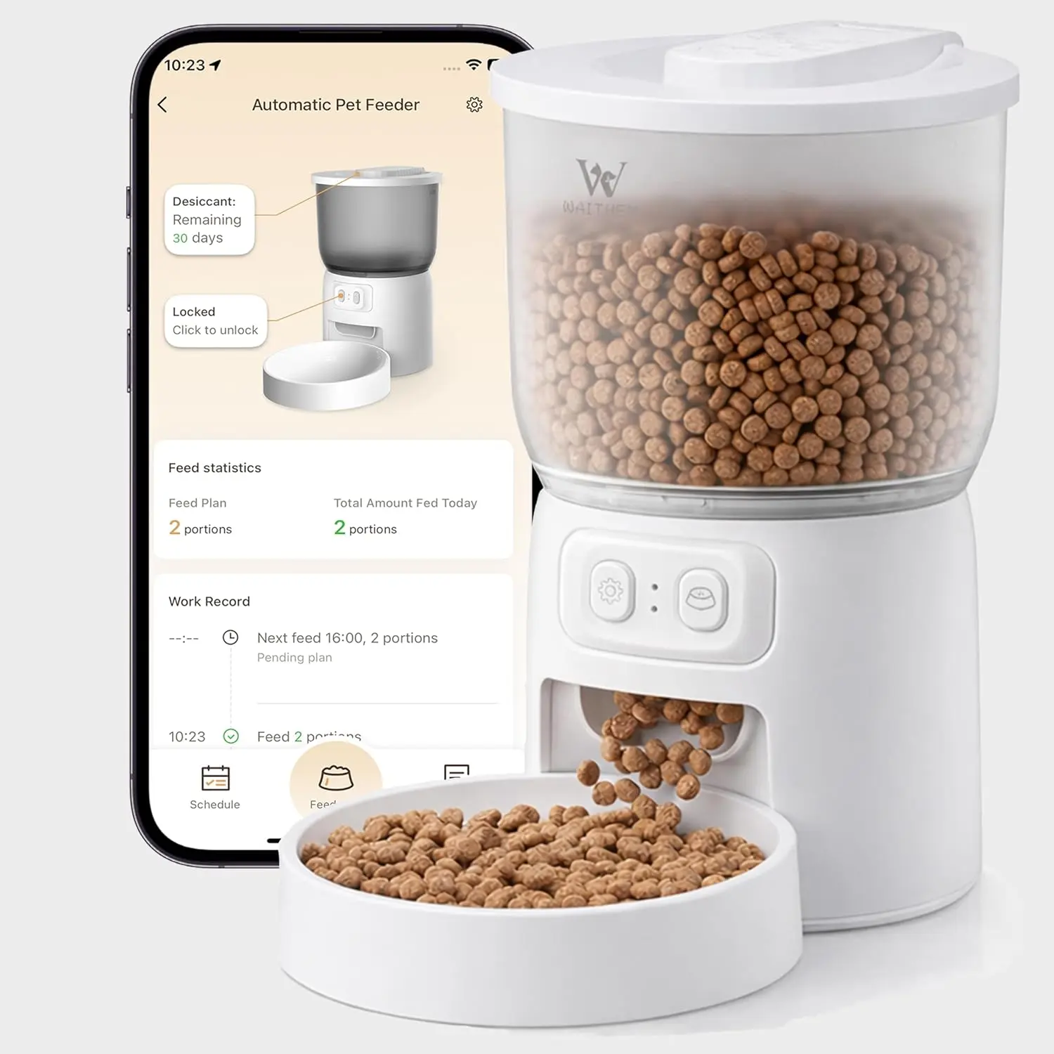 Waithem WiFi Smart Automatic Pet Feeder, Timed Dry Food Dispenser, App Controlled Portion Programming, Up to 10 Meals Per Day, Dual Power Backup for Cats and Small Dogs