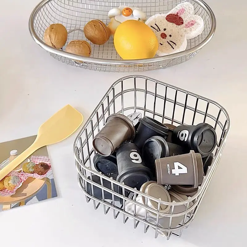 Aesthetic Open Weave Metal Storage Basket for Countertop Organization, Stainless Steel Fruit Basket and Desk Organizer for Bathroom Kitchen Coffee Station and Vanity Decor, Bathroom Storage Baskets